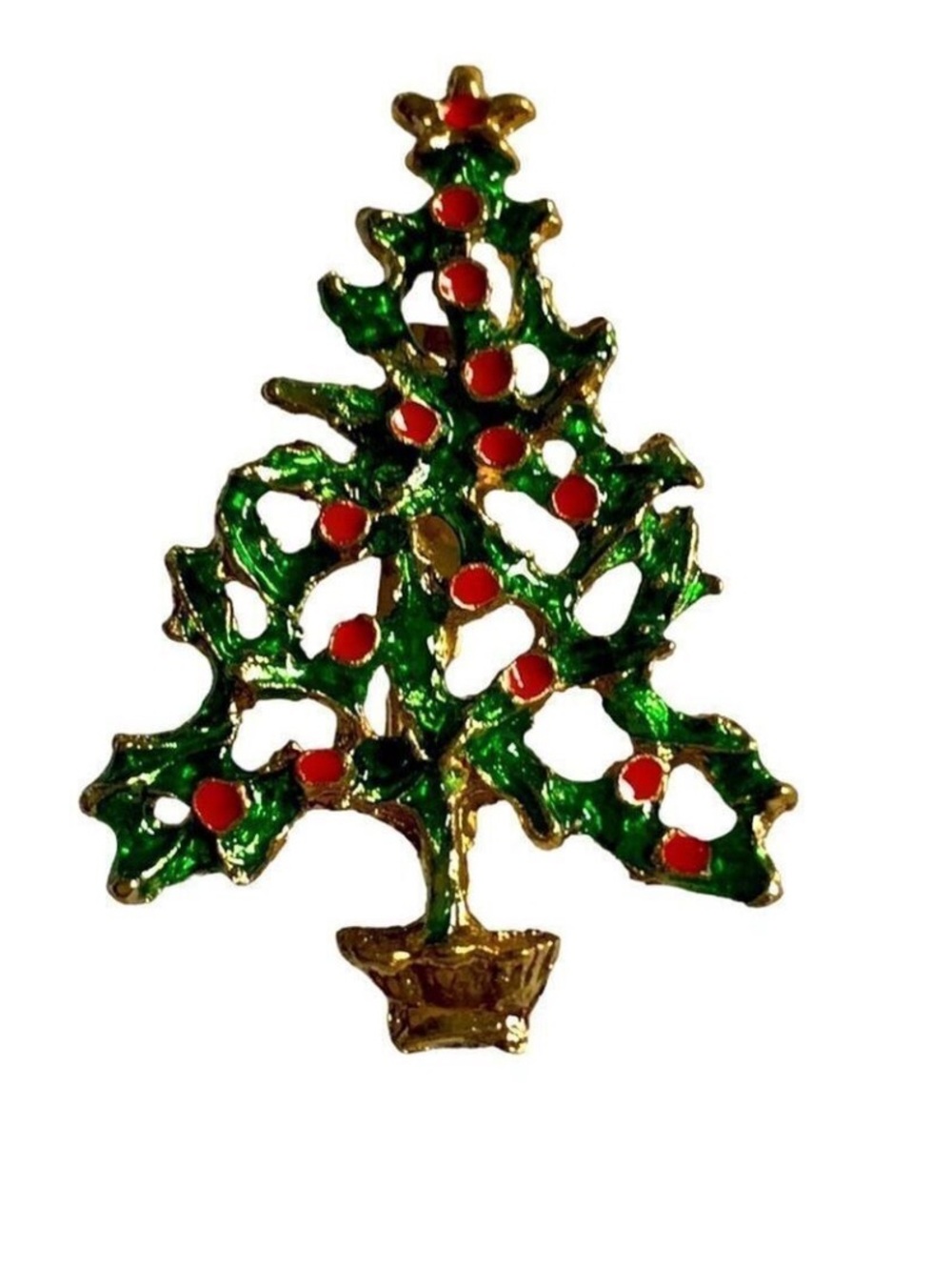 CHRISTMAS Tree Pin Brooch - Green & Red Gold Tone - Picture 5 of 5